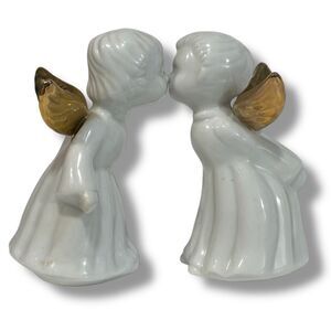 Vintage Boy & Girl Ceramic Porcelain Kissing Angels with Gold Wings Figurines